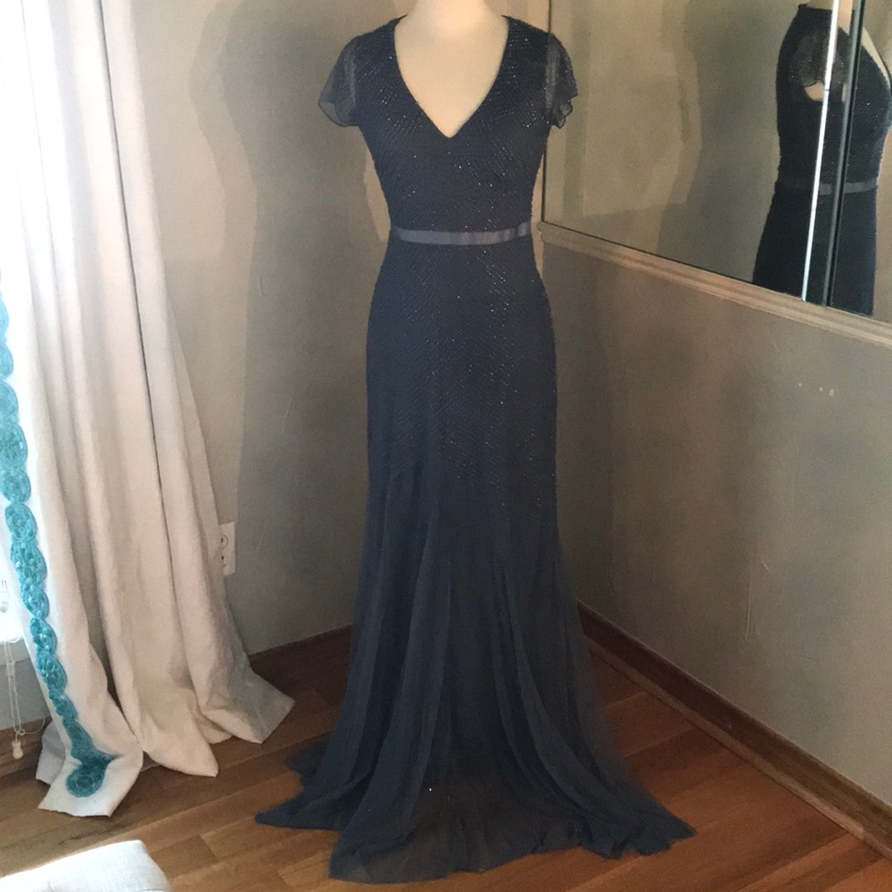 Indigo Blue Chiffon Beaded Overlay Gown